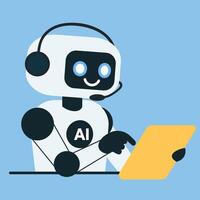 Cute chat bot with yellow tablet isolated blue background vector