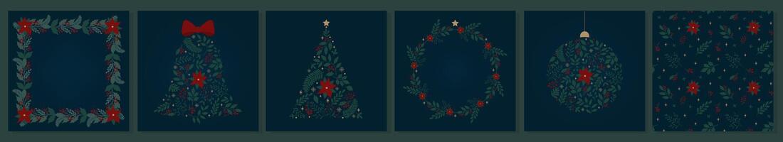 Set of greeting cards with with floral frame, bell, Christmas tree, ball, wreath and copy space vector