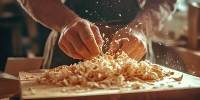 Master craftsmanship. Carpenter carving intricate patterns in woodwork photo