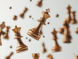 Golden chessboard pieces floating in mid air, capturing dynamic movement and elegance for conceptual design photo