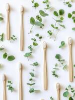 Eco friendly bamboo toothbrushes with eucalyptus leaves for sustainable living concepts photo