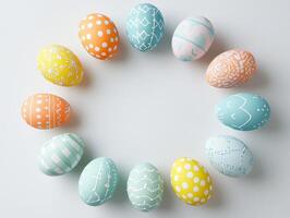 Ultra realistic top view of pastel colored Easter eggs in circular arrangement for holiday decoration photo