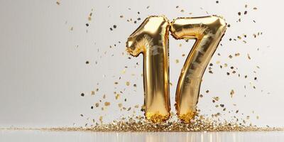 Glossy gold number 17 balloon celebration with glittering confetti for party decorations photo