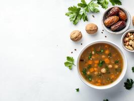 Traditional iftar meal setup with soup, dates, nuts, fresh parsley. Perfect for Ramadan gatherings photo