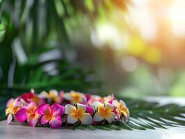 Minimalist Hawaiian lei with plumeria flowers in tropical setting photo