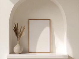 Minimalist natural wood frame mockup with pampas grass in neutral archway photo
