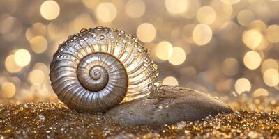 Exquisite spiral seashell cross section on glittering sand photo