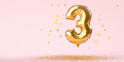 Golden number three balloon celebration with pink background and confetti photo