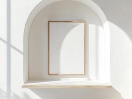 Minimalist interior design with empty white poster in light wooden frame photo