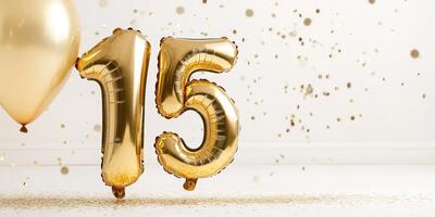 Golden 15th anniversary celebration with reflective balloon and confetti photo