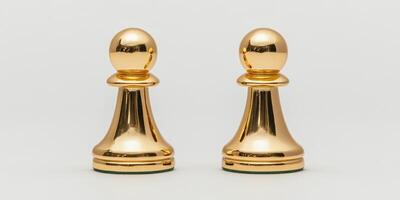 Pair of floating golden pawn chess pieces on white background for elegant game design photo