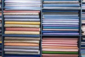 Fabric and textiles samples in a factory shop or store. photo