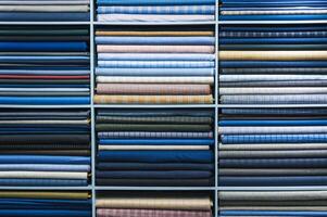 Fabric and textiles samples in a factory shop or store. photo