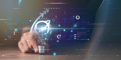 AI ,Businessman showing concept, connection, innovation development and artifacts too artificial intelligence ,ideas and innovation ,Machine learning ,science and technology ,Technology and network photo