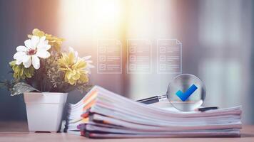 Accountant showing office document auditing concept ,plan review process and assess correctness ,Management of important document storage of organization ,document system ,accountant Audit documents. photo