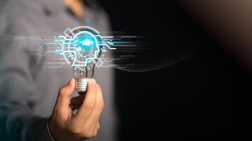 AI ,Businessman showing concept, connection, innovation development and artifacts too artificial intelligence ,ideas and innovation ,Machine learning ,science and technology ,Technology and network photo