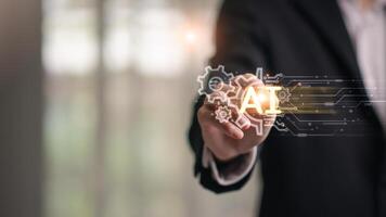 Ai ,Businessman showing concept, connection, innovation development and artifacts too artificial intelligence ,ideas and innovation ,Machine learning ,science and technology photo