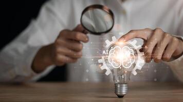 Ai ,Businessman showing concept, connection, innovation development and artifacts too artificial intelligence ,ideas and innovation ,Machine learning ,science and technology photo