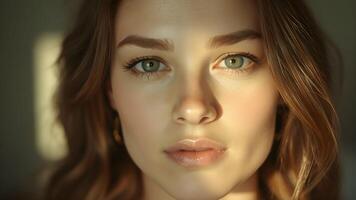 Elegant side profile of a woman showcasing a luminous complexion against a neutral backdrop photo