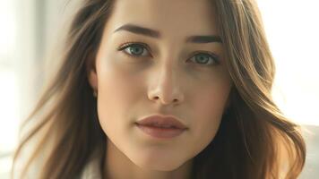 Elegant side profile of a woman showcasing a luminous complexion against a neutral backdrop photo