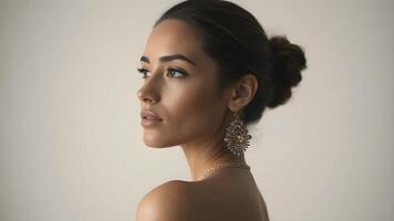 Elegant side profile of a woman showcasing a luminous complexion against a neutral backdrop photo