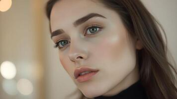 Elegant side profile of a woman showcasing a luminous complexion against a neutral backdrop photo