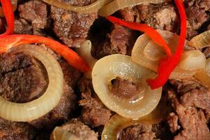 a close up of a plate of meat and onions photo