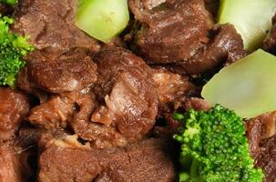a close up of a plate of meat and broccoli photo