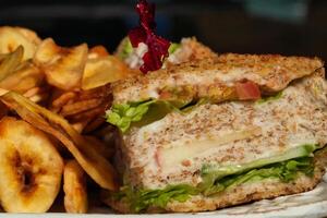 a sandwich with lettuce and cheese photo