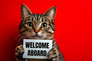 Cat holding a white card with welcome aboard message.Conceptual welcome aboard symbol. Copy space. photo