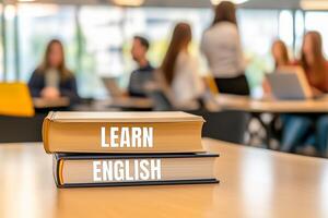 Learn english message written on books on table. Conceptual learn english symbol. photo