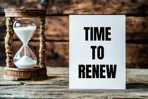 Time to renew message written on white paper card with an hourglass. Conceptual time to renew symbol. photo