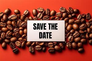 Save the date message written on white paper card on red background with coffee beans. Conceptual save the date symbol. photo