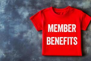 Member benefits message written on red t-shirt on dark background. Conceptual member benefits symbol. Copy space. photo