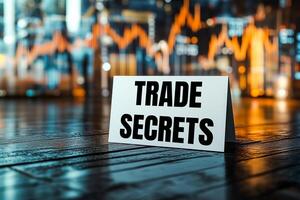 Trade secrets message written on white paper card on financial chart. Conceptual trade secrets symbol. photo