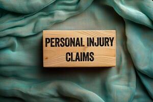 Personal injury claims message written on wooden block on green fabric background. Conceptual personal injury claims symbol. Copy space. photo