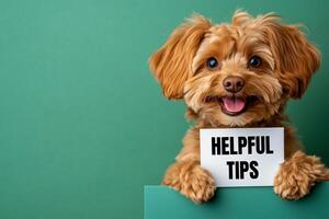 Dog holding a white card with helpful tips message. Conceptual helpful tips symbol. Copy space. photo