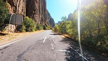 The car rushes at high speed along the mountain road past the trees video