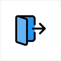 A blue and black icon of a door with an arrow pointing to it vector