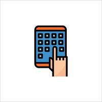 A hand pressing a button on a tablet computer vector