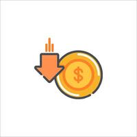 A dollar coin with an arrow pointing down vector