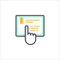 A hand pointing at a tablet with a book icon vector