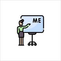 A woman is pointing at a board with the word me vector
