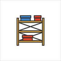 A shelf with boxes and a red and blue box vector