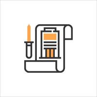 A line icon of a paper with a pen and a pencil vector