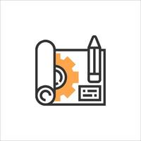 A line icon of a pencil and paper with a piece of paper vector