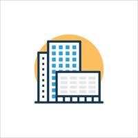 A building icon with a yellow sun in the background vector