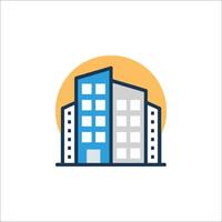 A building icon with a sun in the background vector