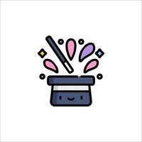A colorful magic hat icon with a wand and a smiley face vector