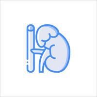 A blue line icon of a person holding a thermometer vector